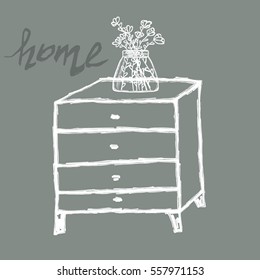 chest of drawers: hand drawn, vector elements of interior furniture for flyers or banners.