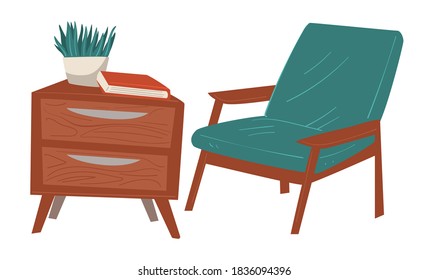 Chest of drawers with houseplant and book by comfortable armchair. Home interior design, sitting or living room, modern library or study. Decorative foliage in pot on table, vector in flat style