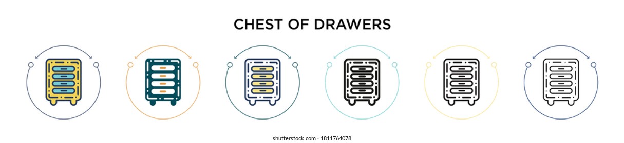 Chest of drawers icon in filled, thin line, outline and stroke style. Vector illustration of two colored and black chest of drawers vector icons designs can be used for mobile, ui, web