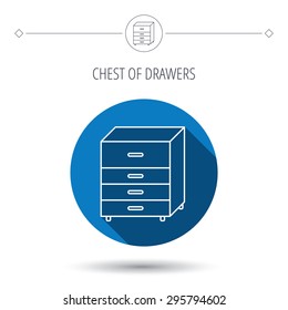Chest of drawers icon. Interior commode sign. Blue flat circle button. Linear icon with shadow. Vector