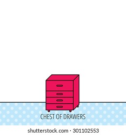 Chest of drawers icon. Interior commode sign. Circles seamless pattern. Background with red icon. Vector