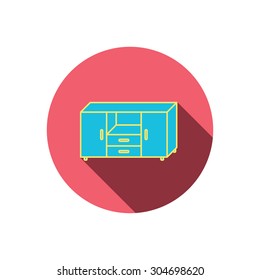 Chest of drawers icon. Interior commode sign. Red flat circle button. Linear icon with shadow. Vector