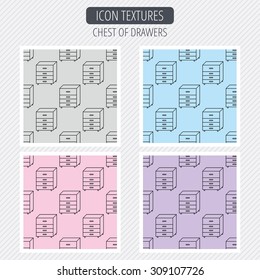 Chest of drawers icon. Interior commode sign. Diagonal lines texture. Seamless patterns set. Vector