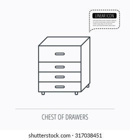 Chest of drawers icon. Interior commode sign. Linear outline icon. Speech bubble of dotted line. Vector