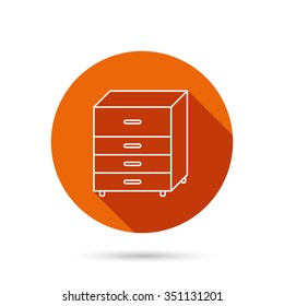 Chest of drawers icon. Interior commode sign. Round orange web button with shadow.