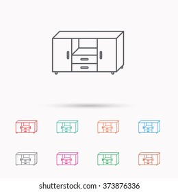 Chest of drawers icon. Interior commode sign. Linear icons on white background.