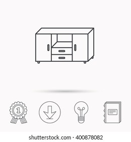 Chest of drawers icon. Interior commode sign. Download arrow, lamp, learn book and award medal icons.