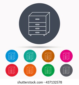 Chest of drawers icon. Interior commode sign. Icons in colour circle buttons. Vector