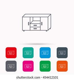 Chest of drawers icon. Interior commode sign. Linear icons in squares on white background. Flat web symbols. Vector