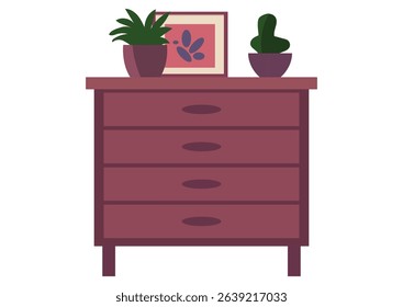 Chest of drawers with indoor plants and picture frame. Living room furniture for home decor. Isolated interior element.