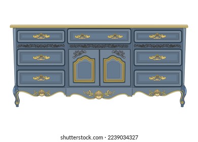 Chest of drawers isolated on white background. Blue wooden commode on little legs.Piece of bedroom furniture and home interior. Dresser or console table for bedroom and living room.Vector illustration