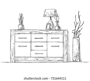 Chest of drawers, lamp and decoration. Vector illustration of a sketch style.
