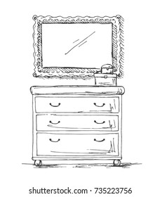 Chest of drawers, mirror and decoration. Vector illustration of a sketch style.