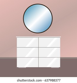 Chest of drawers with mirror. Flat interior illustration