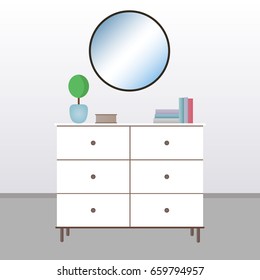 Chest of drawers with mirror. Flat interior illustration
