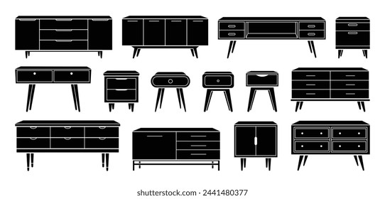 Chest of drawers and nightstand silhouette icon set. TV stands, commodes, dressers trendy storage furniture for home design interior. Flat monochrome vector illustration isolated on white background.