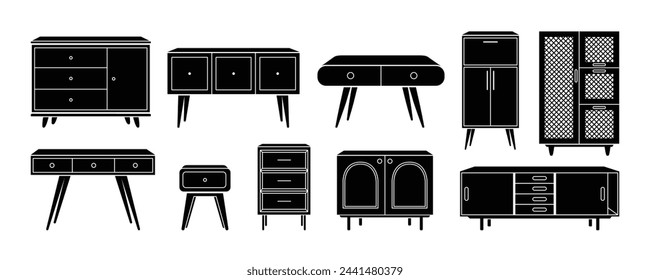 Chest of drawers and nightstand silhouette icon set. TV stands, commodes, dressers trendy storage furniture for home design interior. Flat monochrome vector illustration isolated on white background.