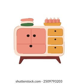 Chest of drawers for nursery in flat style. Stack of clothes and a set of feeding bottles for baby. Vector illustration isolated on a white background.