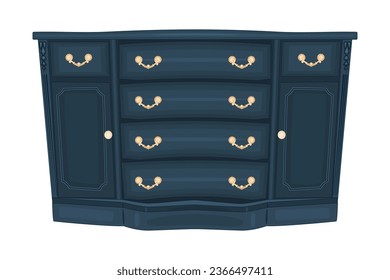 Chest of drawers on white background. Blue wooden commode with golden handles. Piece of bedroom furniture and home interior. Dresser or console table for bedroom and living room. Vector illustration