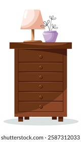 Chest of drawers on a white background. Wooden chest of drawers with a table lamp and a vase. A piece of furniture for the bedroom and home interior.