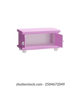 Chest of drawers with open doors 3D plastic style icon. Cartoon empty pink dresser. Furniture store cupboard, cabinet. Vector realistic furniture interior toy design element isolated