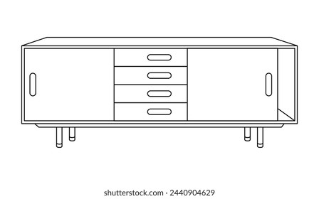 Chest of drawers outline icon. Line art illustration of TV stand, dresser. Modern commode, furniture in scandinavian style for home interior. Linear vector illustration isolated on white background.