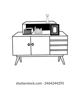 Chest of drawers with drawers, a shelf for books, decorative elements on the shelves. Vector illustration, chest of drawers hand drawn in black vector. For designing interior sketches, printing.