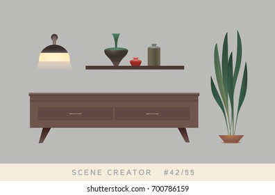 Chest Of Drawers, Shelf, Lamp, Plant, Decorations. Isolated Vector Objects. Scene Creator Set.