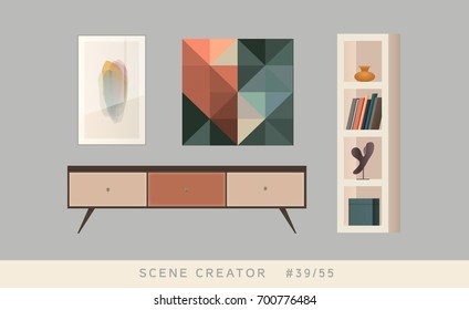 Chest of drawers, shelves, books, art decorations. Isolated vector objects. Scene creator set.