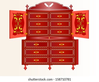 Chest of drawers for storing various documents made from mahogany wood adorned with ornaments and trinkets of pearl