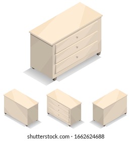 Chest of drawers. Stylish large new rectangular light furniture in the bedroom or in the wardrobe. Wooden box for clothes. Vector illustration for web sites, prints and game industry.
