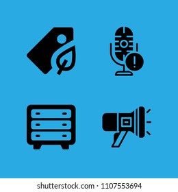 chest of drawers, tag, microphone and megaphone icons vector in sample icon set for web and graphic design