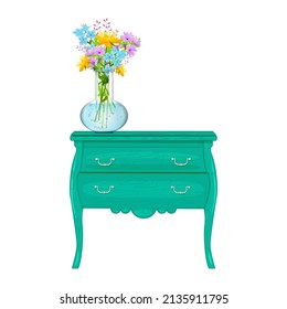 Chest of drawers and vase with flowers isolated on white background. Green bedside table. Furniture for room interior design. Living room interior with classical furniture. Stock vector illustration