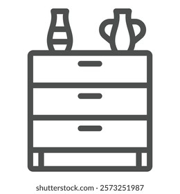 Chest with drawers and vases line icon, house interior concept. Vector graphics. Commode, furniture sign on white background, outline style icon for mobile or web design