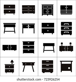 Chest of drawers vector icon. Furniture types. Bedroom furniture and storage concept. Interior design. Dresser design. Flat lay isolated icons set
