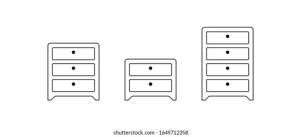 Chest of drawers vector icon set. Bedside, commode logo collection. Nightstand, Drawer chest line outline fllat design  illustration