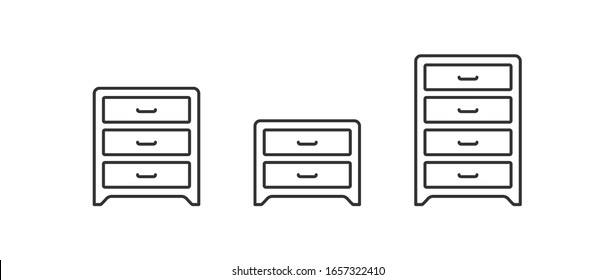 Juego de iconos vectoriales del conjunto de cajones. Colección del logotipo de modo de cámara. Ilustración de diseño plano con contorno de pecho de cajón aislada en blanco
