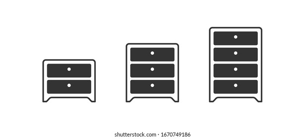 Chest of drawers vector icon set. Bedside, commode logo collection. Nightstand, Drawer chest shape silhouette flat design illustration isolated on white