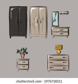 Chest of drawers, wardrobe, hanger in the hallway, cabinet. Interior  items. Isolated vector objects.