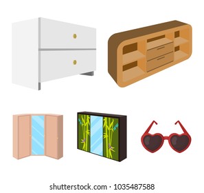 Chest of drawers, wardrobe with mirror, corner cabinet, white chest. Bedroom furniture set collection icons in cartoon style vector symbol stock illustration web.