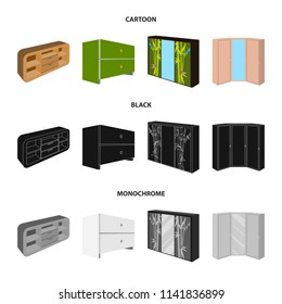 Chest of drawers, wardrobe with mirror, corner cabinet, white chest. Bedroom furniture set collection icons in cartoon,black,monochrome style vector symbol stock illustration web.