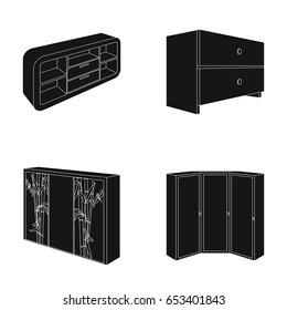 Chest of drawers, wardrobe with mirror, corner cabinet, white chest. Bedroom furniture set collection icons in black style vector symbol stock illustration web.