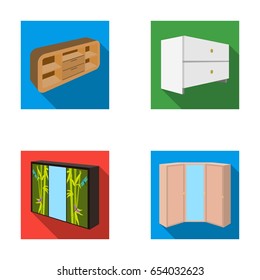 Chest of drawers, wardrobe with mirror, corner cabinet, white chest. Bedroom furniture set collection icons in flat style vector symbol stock illustration web.