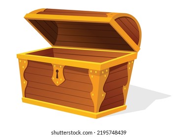 Chest. Empty old wooden chest for gold treasure. Cartoon ancient container for pirates isolated vector icon on white. Game wooden antique box for treasure