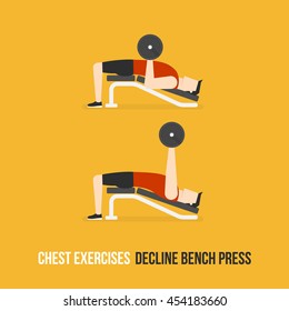 Chest Exercises. Decline Bench Press. Flat Design Bodybuilder Character Lifting Dumbbell.