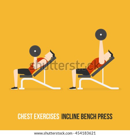 Chest Exercises. Incline Bench Press. Flat Design Bodybuilder Character Lifting Dumbbell.
