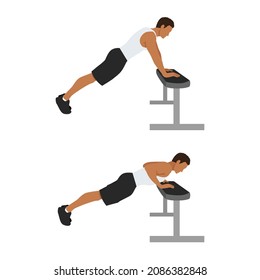 Chest Exercises. Incline Push Up. Flat Design Bodybuilder Character Push Up On A Bench.