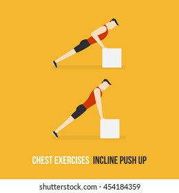 Chest Exercises. Incline Push Up. Flat Design Bodybuilder Character Lifting Dumbbell.