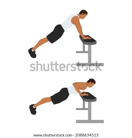 Chest Exercises. Incline Push Up. Flat Design Bodybuilder Character push up on a bench.