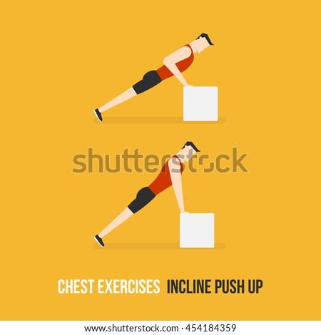 Chest Exercises. Incline Push Up. Flat Design Bodybuilder Character Lifting Dumbbell.